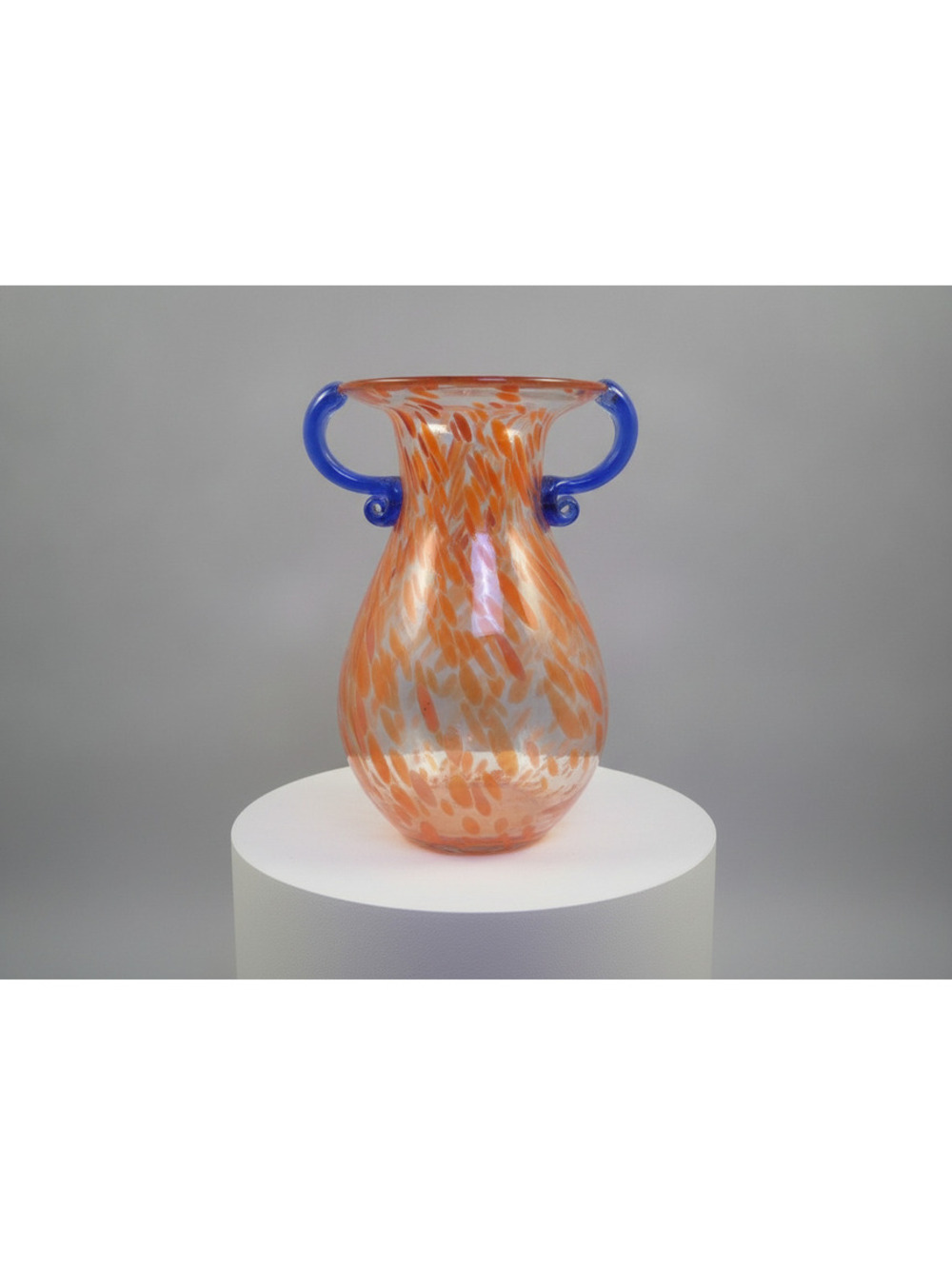 Vintage Nouveau Orange Spatter Art Glass Vase with Applied Cobalt Blue Handles